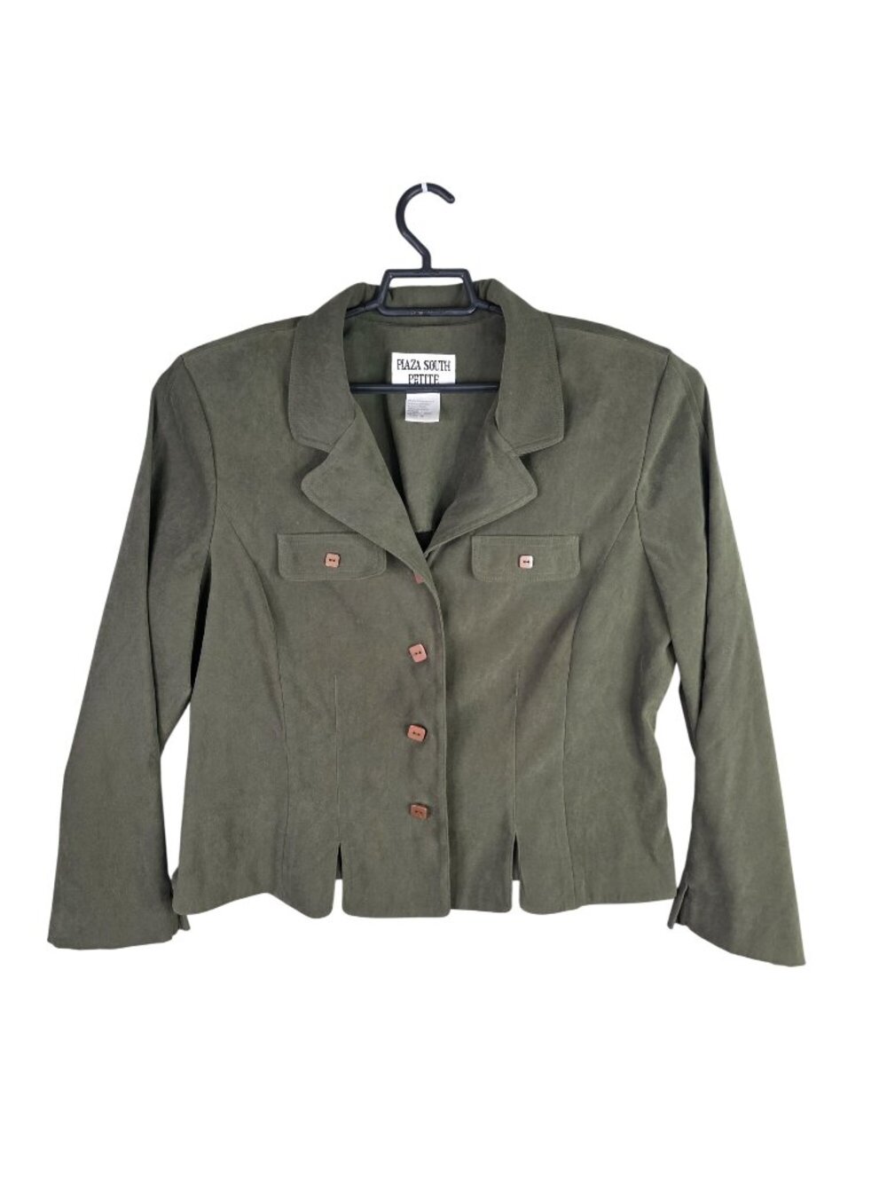 Womens Plaza South Petite Olive Green Button Up Blazer Jacket Pockets Size 16P